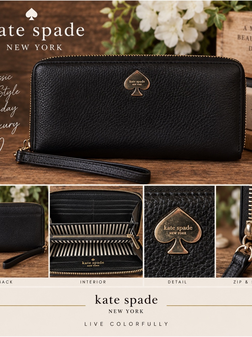 kate spade Black Pebbled Leather Zip Wallet with Wristlet